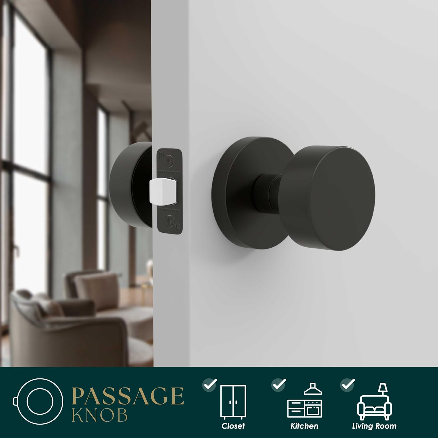Mega Handles Buena Passage Door Knobs - 3 Pack Reversible Interior Door Knobs, Heavy Duty Matte Black Door Knob for Closet & Hallway, No Lock, Fits All Standard Door Sizes - Matte Black