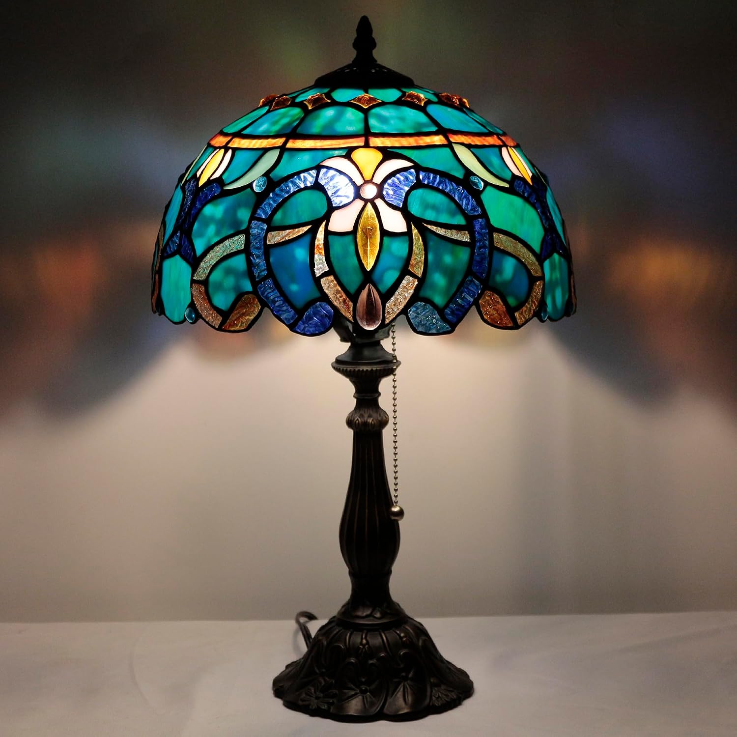 Tiffany Table Lamp Stained Glass Lamp 12X12X19 Inch Antique Reading Light (Green Brown Jewelry Baroque)