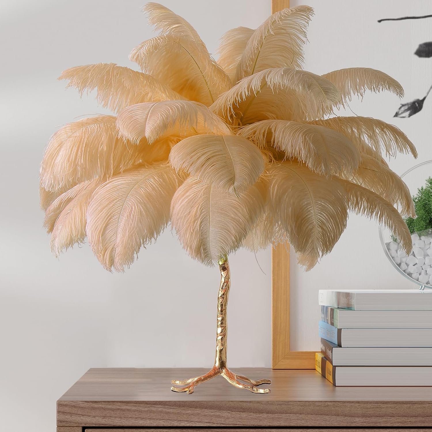 MAYOLA Modern Ostrich Feather Table Lamp with Plug in Wire,3-Light Bedside Floor Lamp for Living Room, Bedroom and Office 24' Tall Feather Desk Lamp (Ostrich Color, Table Lamp-Resin)
