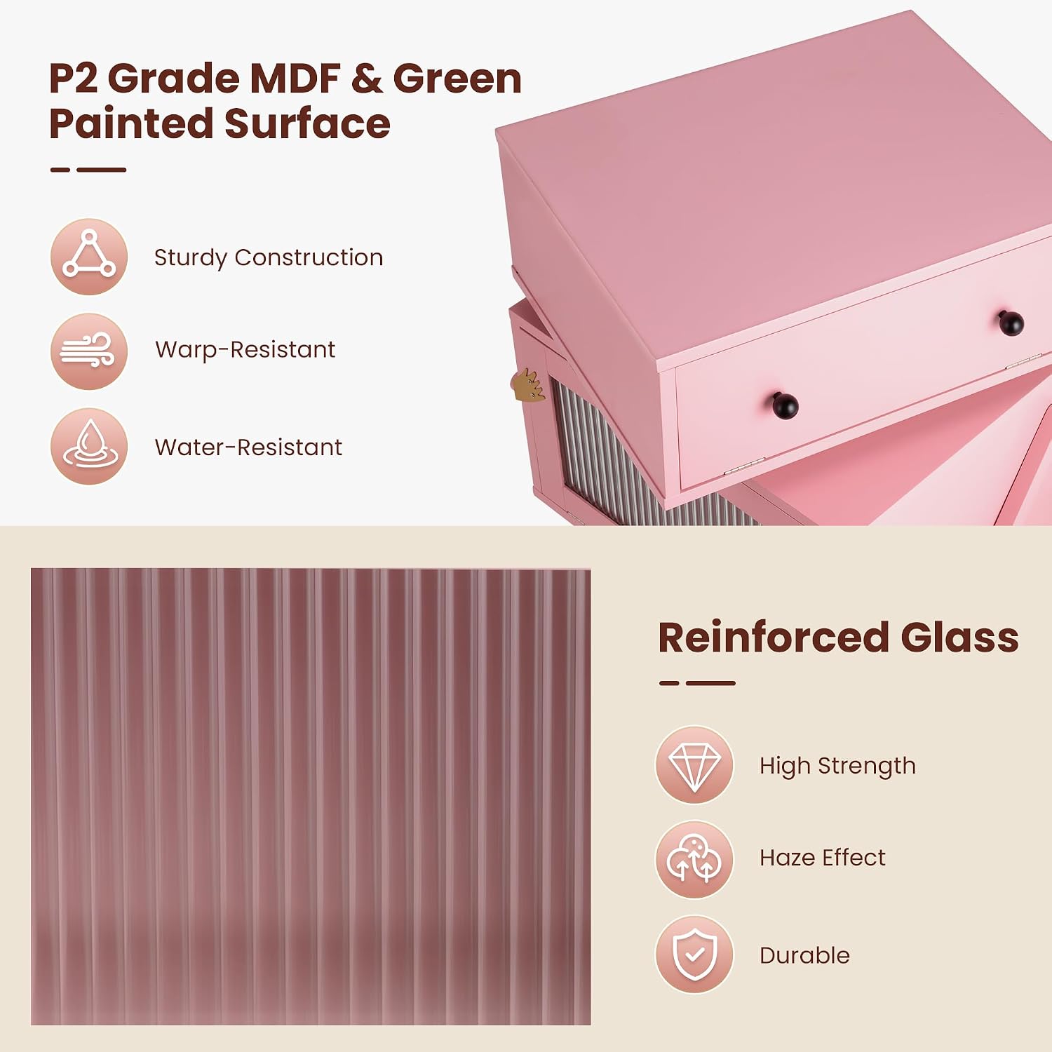 RoyalCraft Nightstands Set of 2 with LED Light Strips, Pink End Table with 360° Rotating Drawer, Modern Bedside Table with Glass Door Storage, Wood Night Stand Cabinet for Bedroom, Home Office, Pink