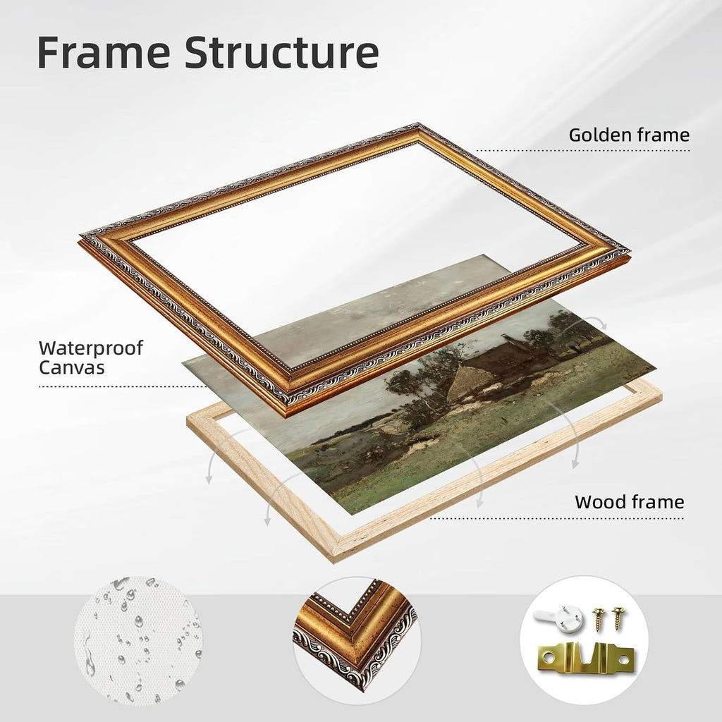 Large Framed Pastoral European Farm Landscape Art Painting Rustic Rural Scene Nature Canvas Wall Art Vintage Farmhouse Pictures Decor Natural Country Print Artwork for Living Room Bedroom 24x36inch