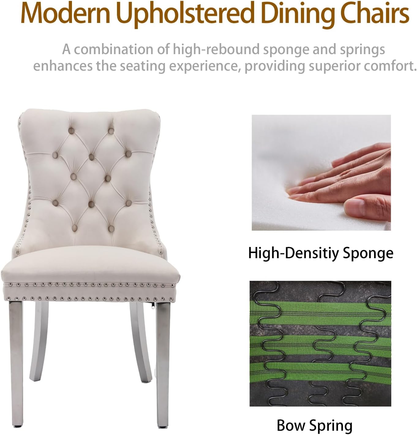 Velvet Dining Chairs Set of 6, Tufted Upholstered Dining Room Chairs with Back Ring Pull, Nailhead Trim and Sliver Stainless Steel Legs, Modern Dinning Chairs for Dining Room, Kitchen(Beige)