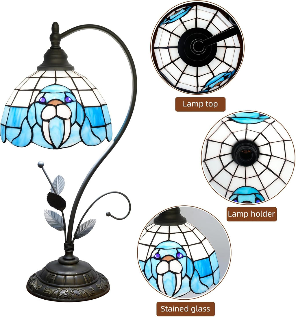 Tiffany Table Lamp Blue Walrus Stained Glass Bedside Lamp Tiffany Style S Metal Leaves Desk Light for Home Living Room Office Dormitory Bar Family Friends Gift