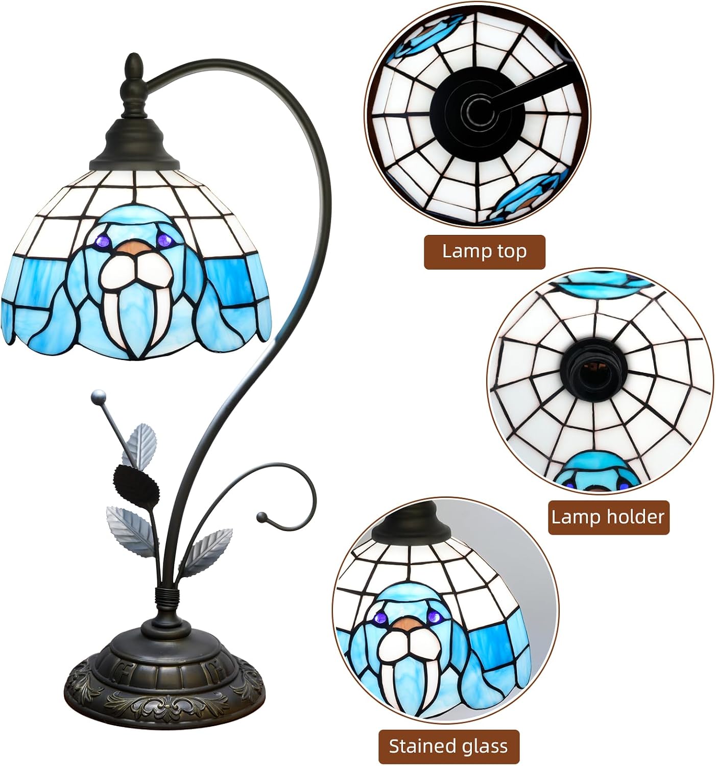Tiffany Table Lamp Blue Walrus Stained Glass Bedside Lamp Tiffany Style S Metal Leaves Desk Light for Home Living Room Office Dormitory Bar Family Friends Gift