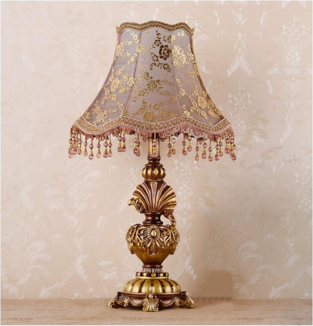 Victorian Style Table Lamp Handmade Traditional Brown Gold Lace Fabric Bedside Lamp Antique Painted Resin Base Desk Lamp for Bedroom Living Room Office, 13' W, 21.6' H. (A1)