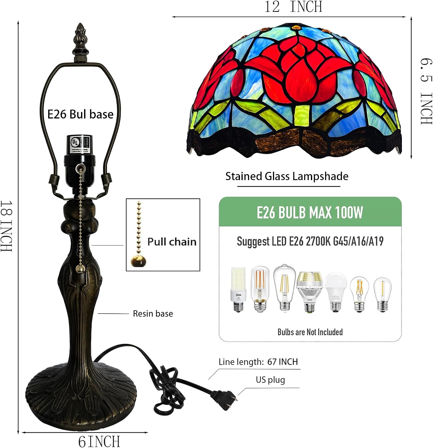 Tiffany Lamp Stained Glass Table Lamp 12' x 19' Red Tulips Style Bedside Reading Lamp Decorative Lamp for Desk Living Room Bedroom Office Study Light Home Decor Gift