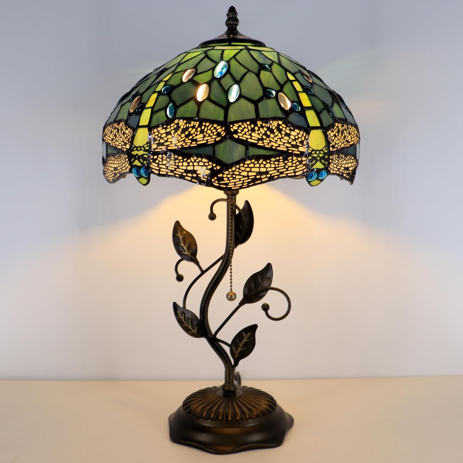 Tiffany Lamp Sea Blue Dragonfly Style Stained Glass Table Lamp Desk Bedside Reading Light 12X12X19 Inches with Metal Leaf Base