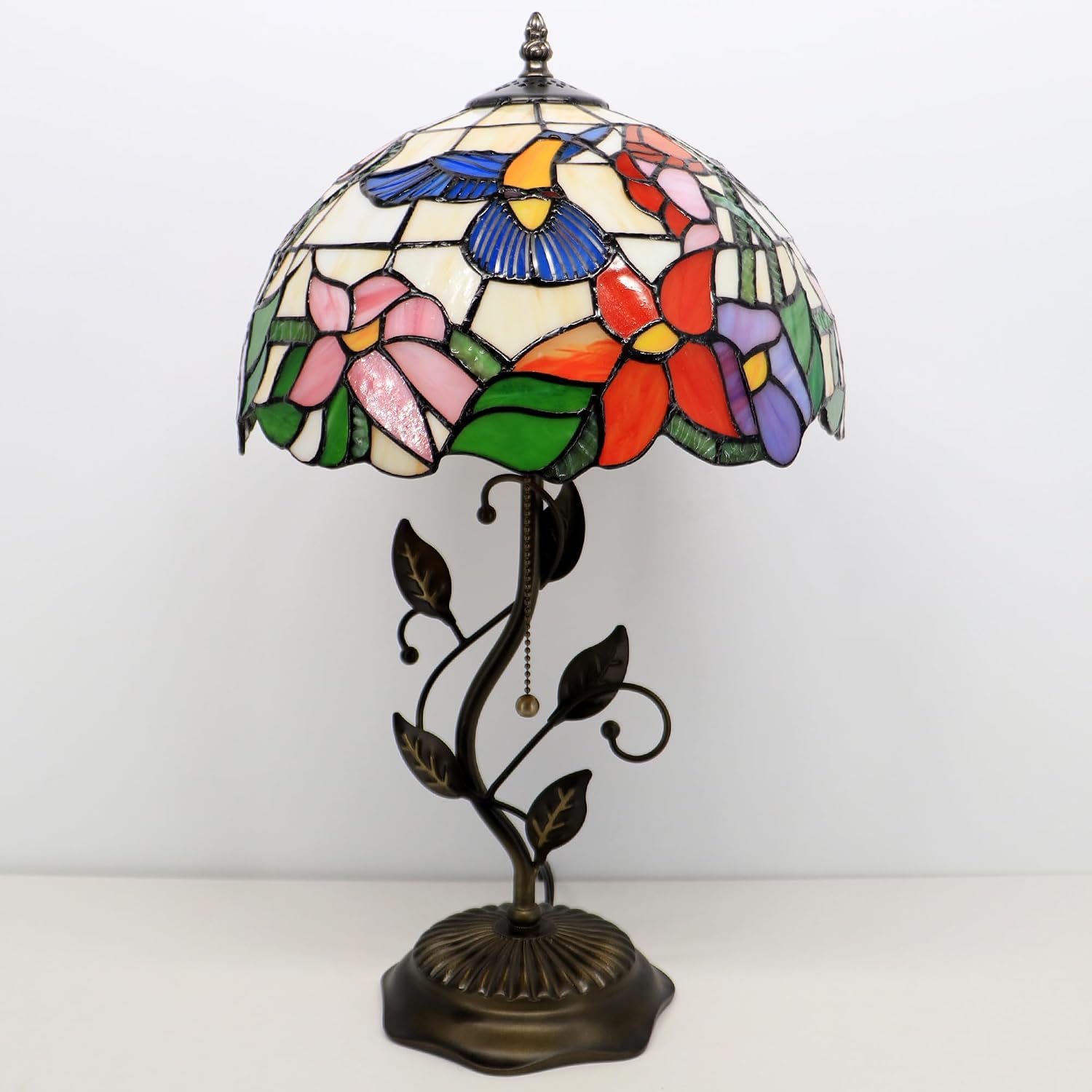 Tiffany Lamp Hummingbird Style Stained Glass Table Lamp Desk Bedside Reading Light 12X12X19 Inches with Metal Leaf Base