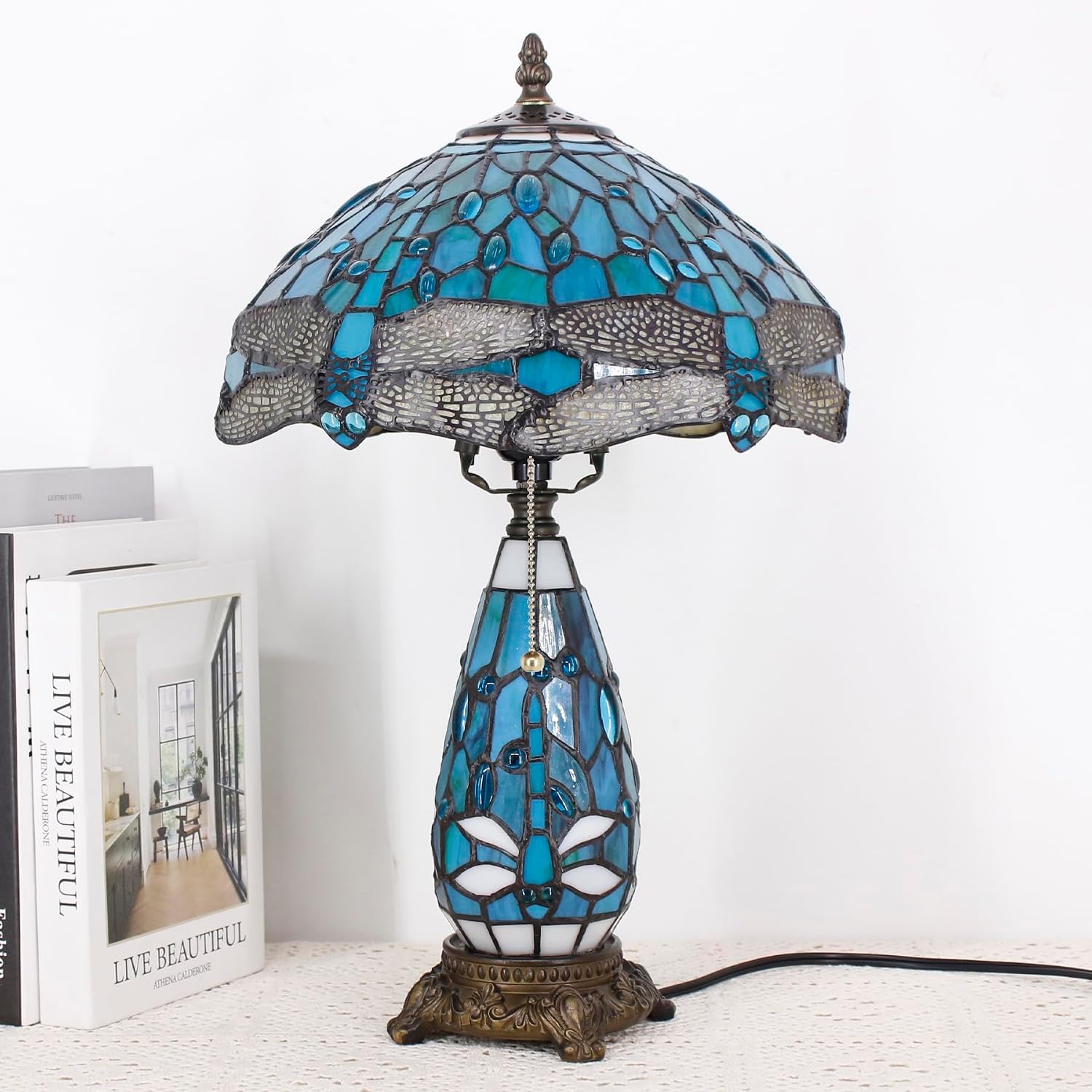 Tiffany Lamp Stained Glass Table Lamp 12X19 Inches Mother Daughter Vase Desk Accent Night Light for Bedroom Bedside Reading Home Antique Style (Green Dragonfly)