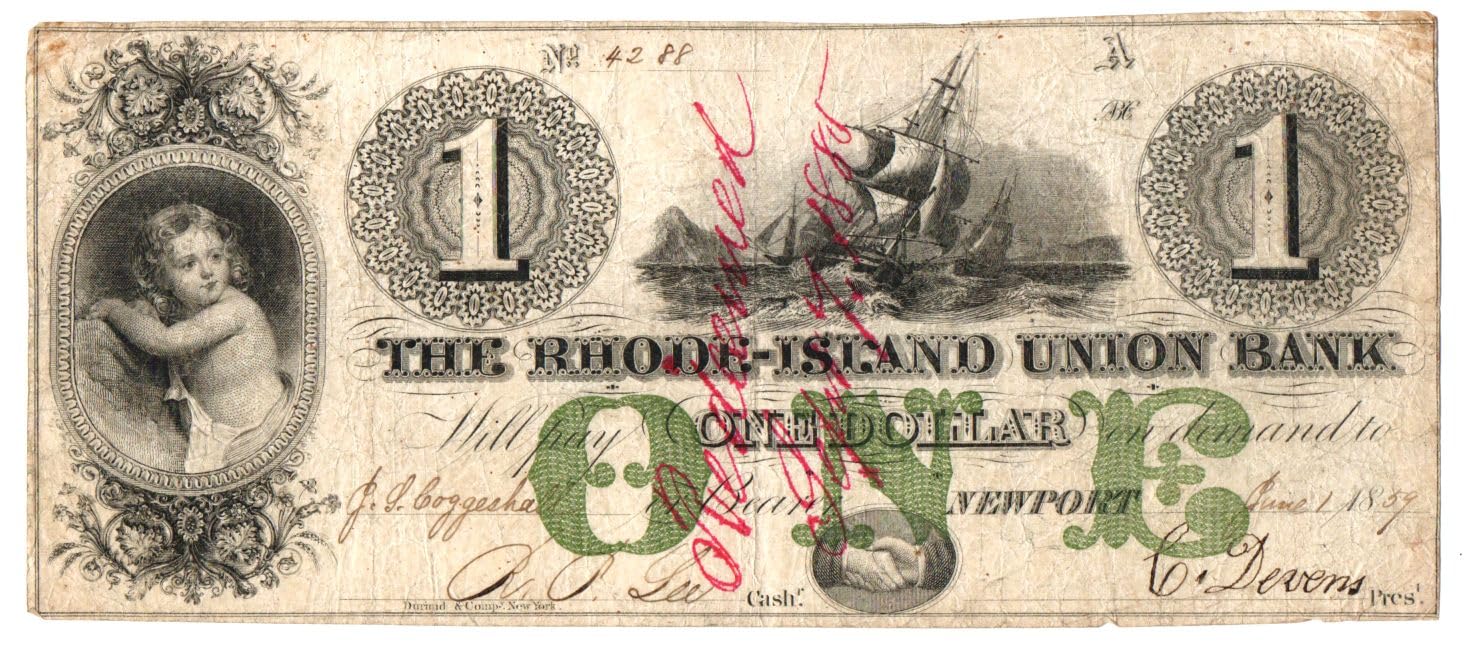 1859 Rhode Island Union Bank $1 Bill, Newport, Sailing Ships, Child Portrait