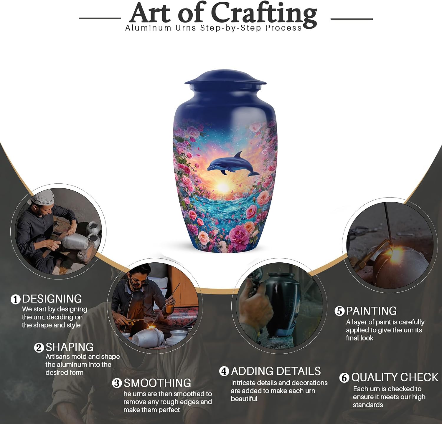 Dolphin Urn for Ashes for Women - Sunset Combo of 5 with 1 Large 10 Inch Blue Urn for Adult Female & Male and 4 Mini Roses Keepsake Urns for Mom, Men & Women - Decorative Funeral Ash Set