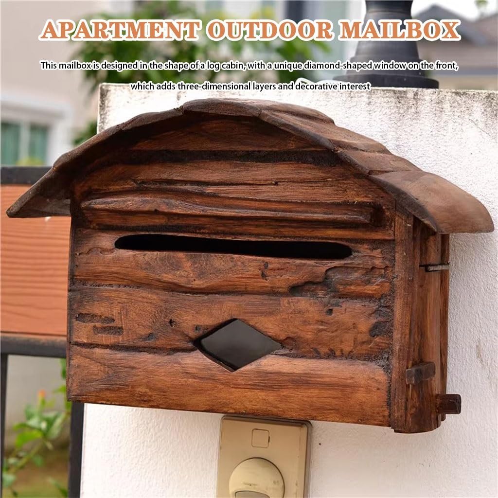 Antique Thai Wooden Mailbox - Farmhouse Wall Post Box with Bill Slot, Vintage Outdoor Garden Decor, Original Texture