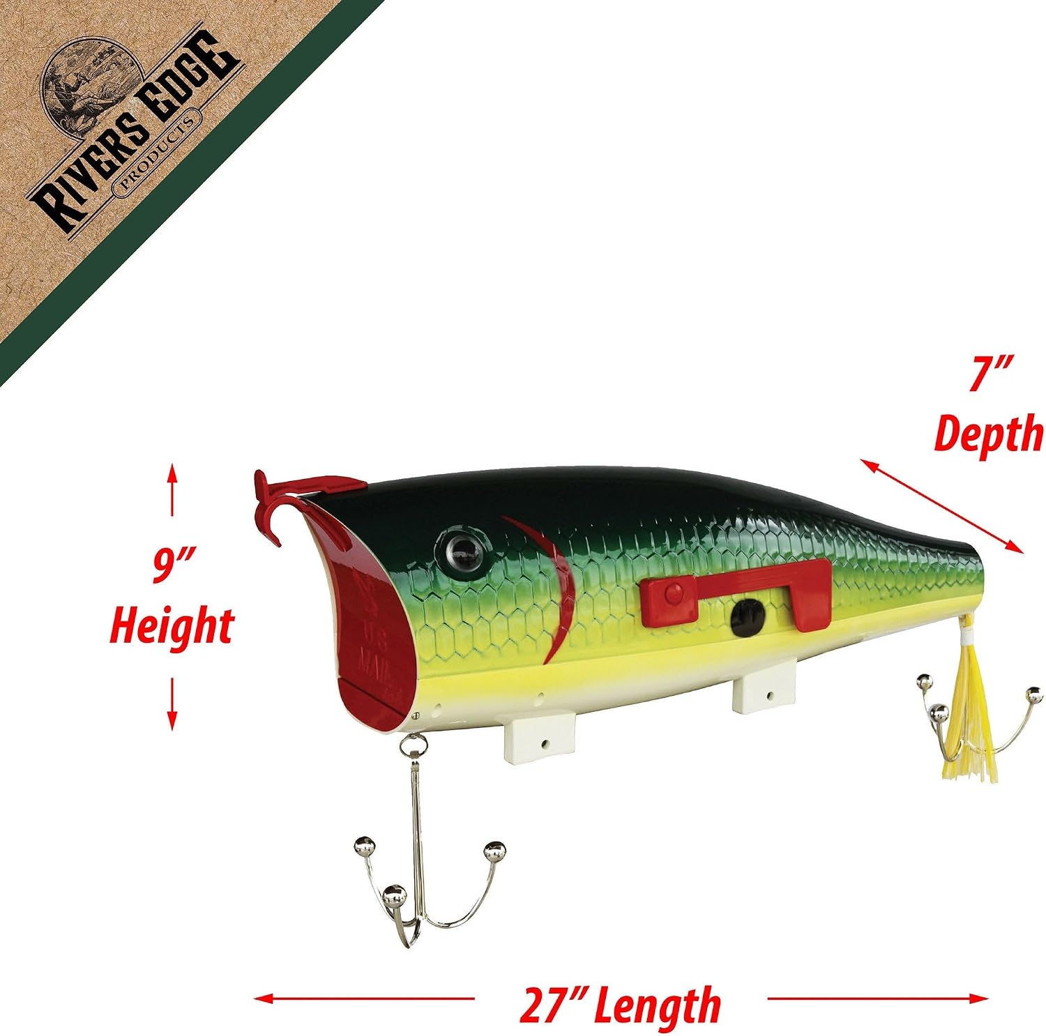 Rivers Edge Products Green Shad Fishing Lure Mailbox for Outside of Residential Home, Rural Mailbox Constructed of Metal with a Plastic Overmold, UV Resistant, Includes Mounting Hardware