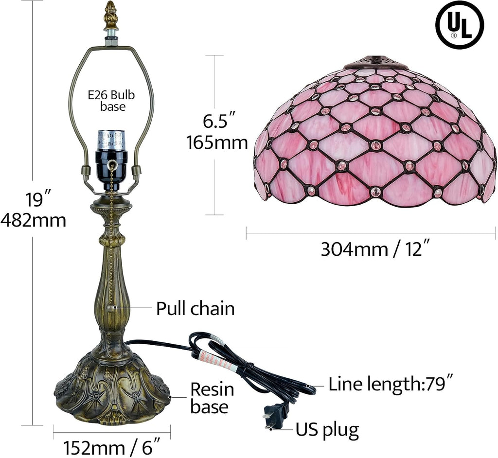 Tiffany Lamp Vintage Pink Stained Glass Bead Table Lamp Desk Bedside Reading Light Decor Bedroom Living Room Home Office D12*H18 Inches