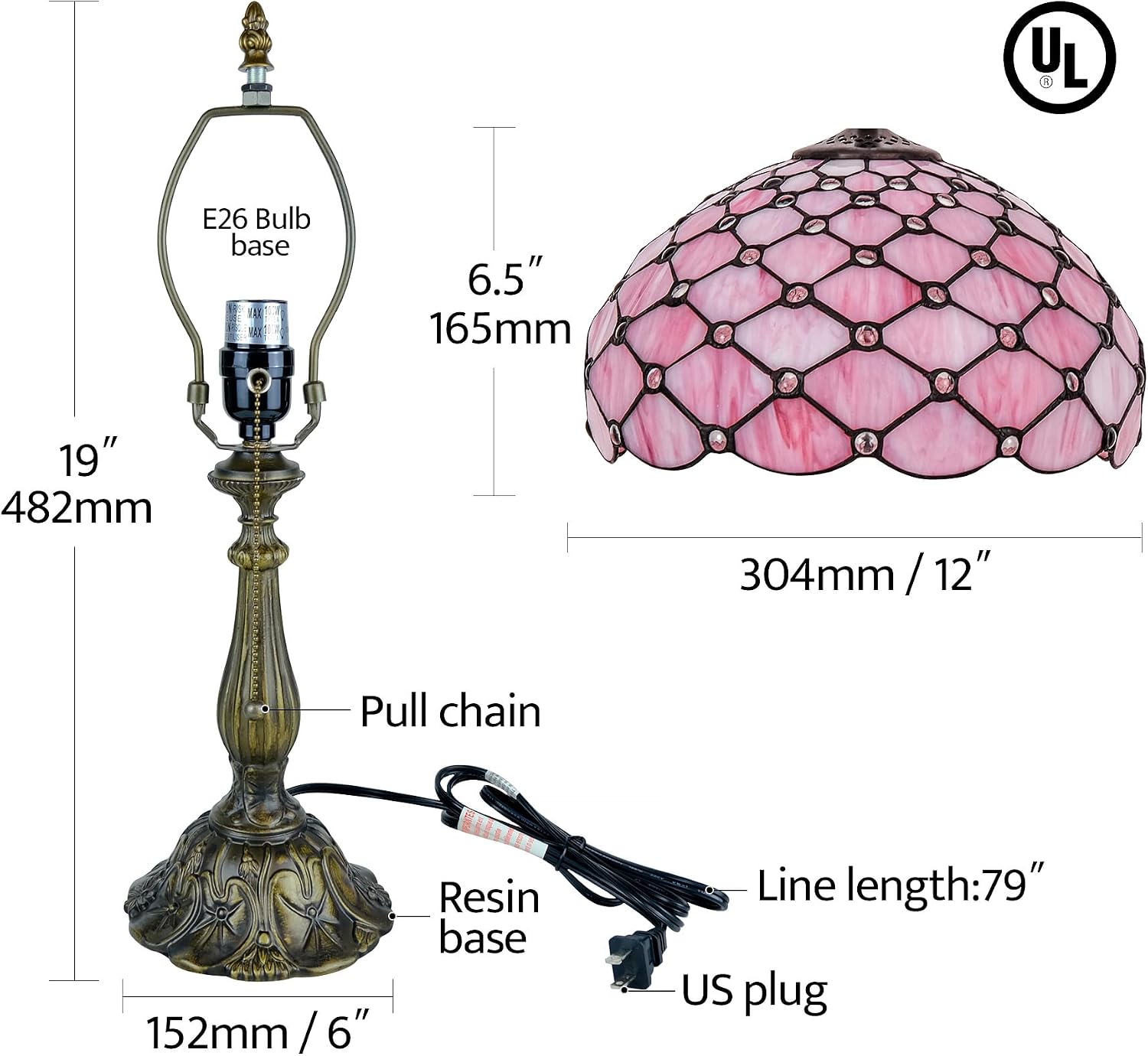 Tiffany Lamp Vintage Pink Stained Glass Bead Table Lamp Desk Bedside Reading Light Decor Bedroom Living Room Home Office D12*H18 Inches