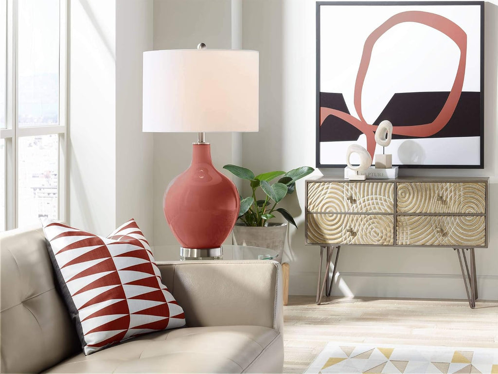 Color + Plus OVO 28 1/2' Tall Modern End Table Lamp Madeira Red Brushed Nickel Finish Glass Single Linen White Shade Living Room Bedroom Bedside Nightstand House Office Home Reading Kitchen