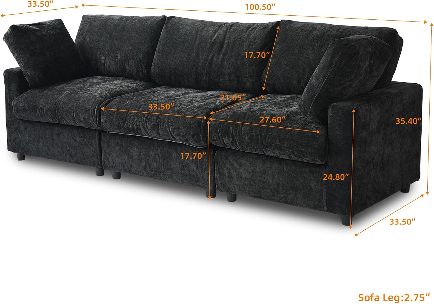 WJShome Cloud Sectional Couches for Living Room,100.5' Convertible Love Seat, 3 Seater Modular Sectional Sofa,Deep Seater Furniture Sets,Black