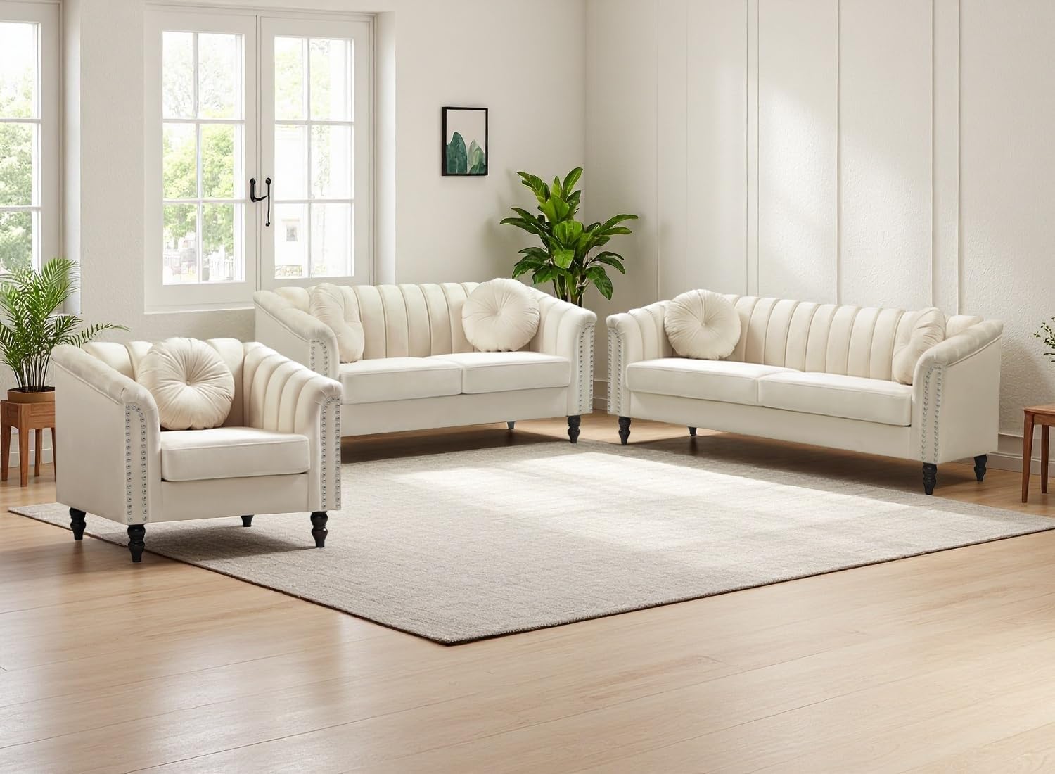 3 Piece Chesterfield Sofa Set, Upholstered Fabric Sofa Couches, Living Room Furniture Sets, Velvet Accent Chair Loveseat Couch Set with Pillows, Furniture for Living Room/Office, Cream White