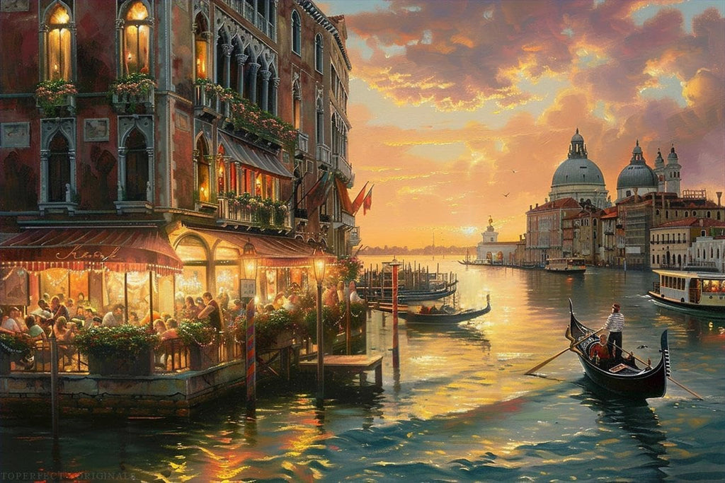 24 original scenery paintings of Venetian, Golden Venice cityscape artwork, art canvas of Grand Canal Majestic Cathedral shops buildings Gondolas, handmade Venice wall decor by college teachers
