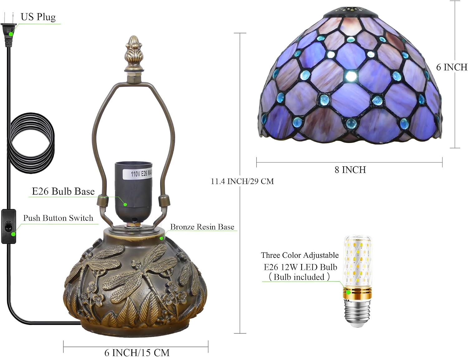 Small Tiffany Lamp Mini Stained Glass Table Lamp Purple Pearl Style Mushroom Accent Lamp 8X11 Inch