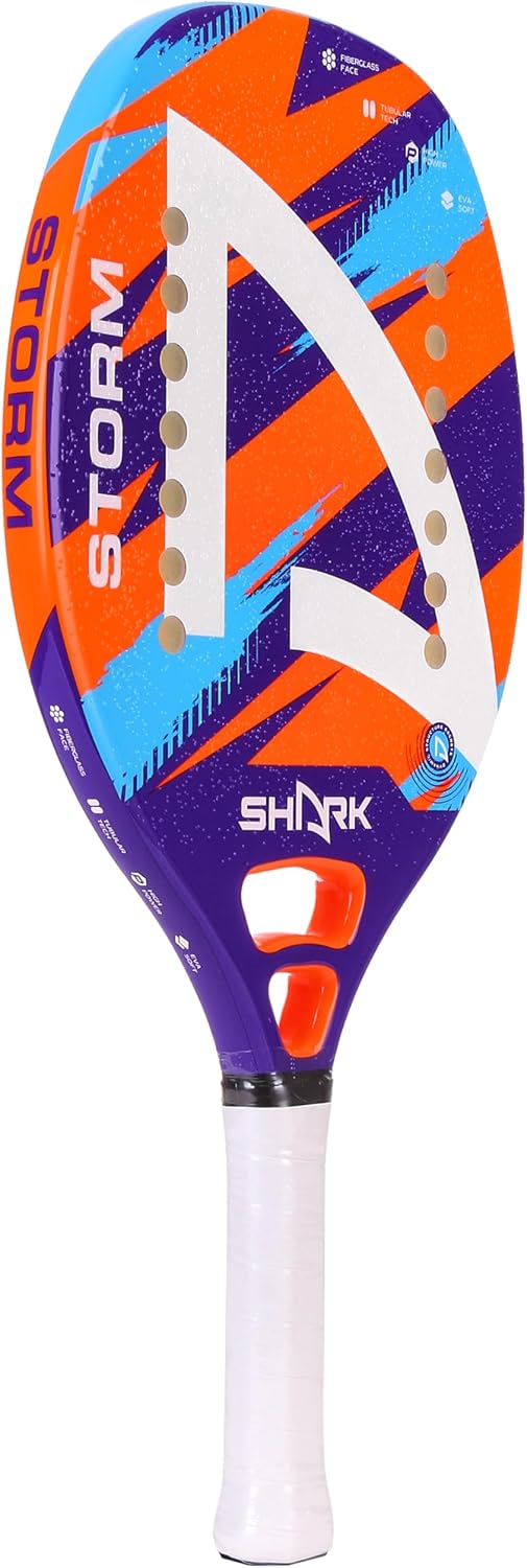 Shark Storm - Professional Beach Tennis Racket | Fiberglass Frame, EVA Soft Core | Beginner Level | Spin-Generating Micro-Granule Face Texture | Includes Cover