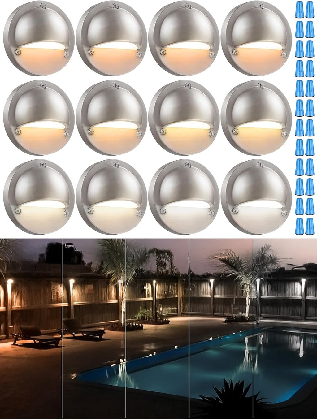 LEONLITE 12-Pack Update 5CCT LED Low Voltage Deck Lights, 180LM 3.74inch Landscape Step Railing Fence Light, 12-24V AC/DC, CRI90, Die-cast Aluminum Housing & Frosted Glass Lens, UL Cord, Satin Nickel