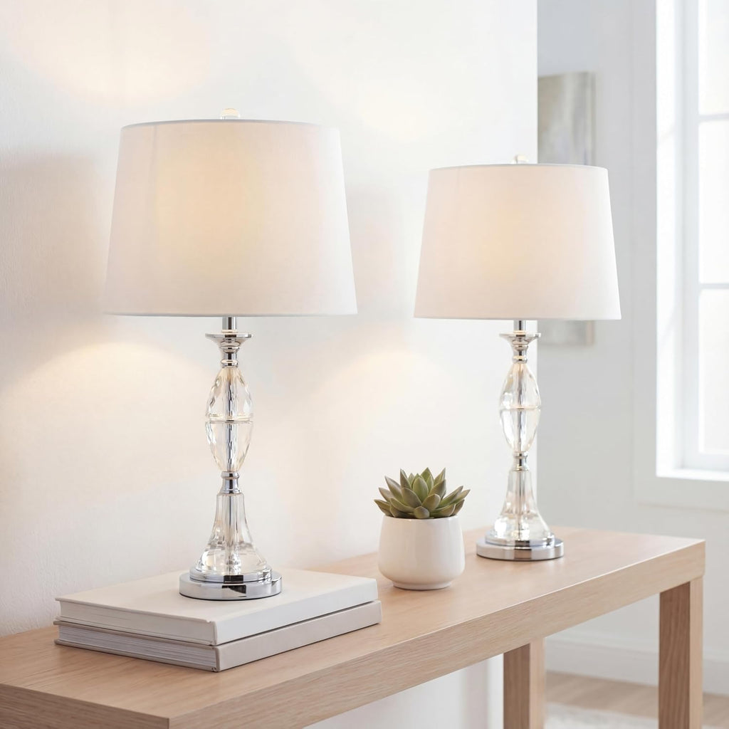 JONATHAN Y 25.5' Clear/Chrome Crystal Table Lamp Set of 2 for Bedroom, Traditional French Country Lamps for Living Room, White Linen Drum Shade, LED Bulbs Included JYL2041A-SET2