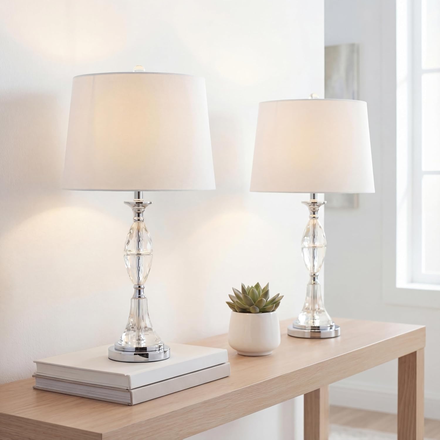 JONATHAN Y 25.5' Clear/Chrome Crystal Table Lamp Set of 2 for Bedroom, Traditional French Country Lamps for Living Room, White Linen Drum Shade, LED Bulbs Included JYL2041A-SET2