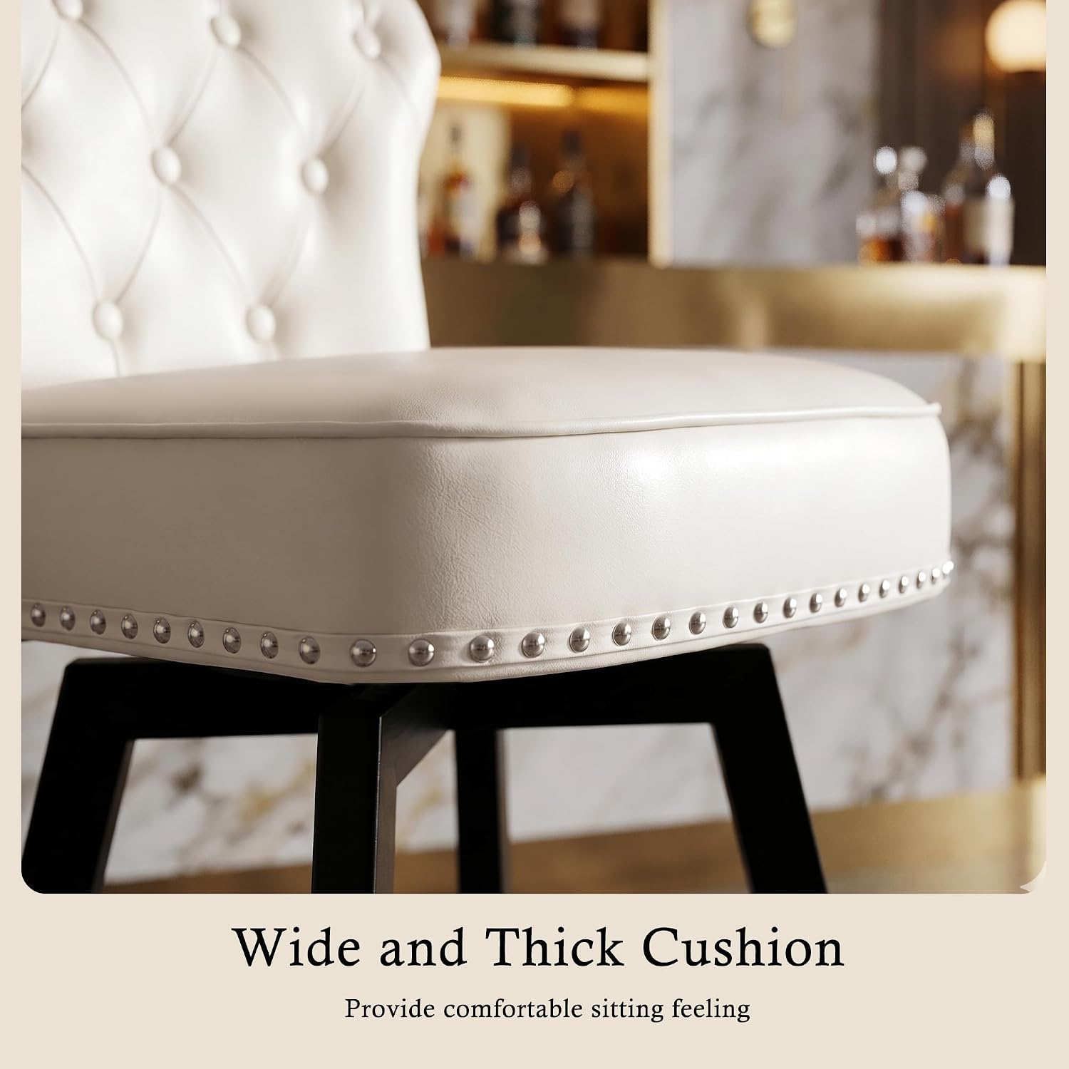 Counter Height Bar Stools Set of 4, 26' Mid-Century Swivel Bar Stool with Metal Base for Kitchen Island, Rivet Armless Faux PU Leather Barstool with High Back and Large Thick Cushion, Beige