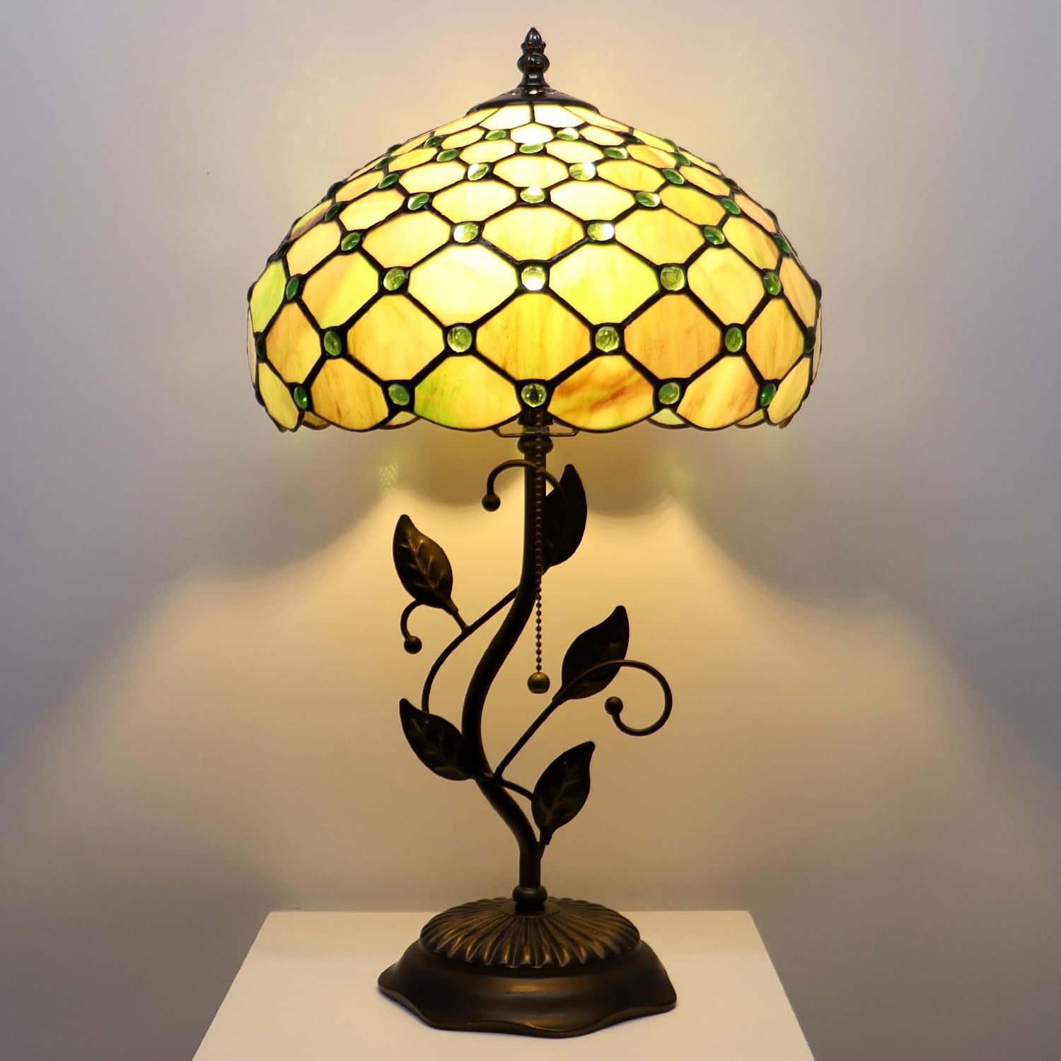 Tiffany Lamp Amber Green Pearl Style Stained Glass Table Lamp Desk Bedside Reading Light 12X12X19 Inches with Metal Leaf Base