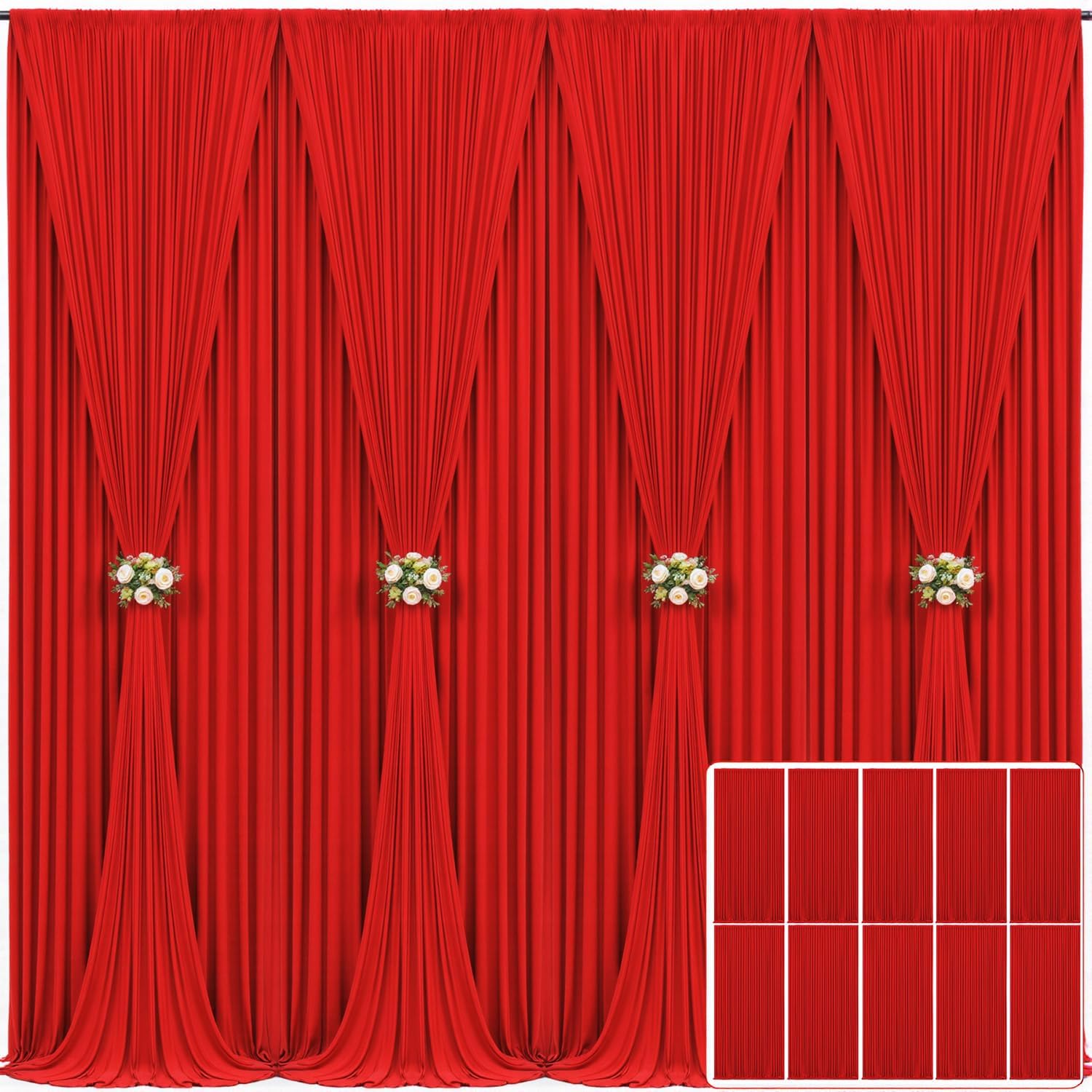 10 Panels Red Backdrop Curtain for Parties Wedding Wrinkle Free Red Photo Curtains Backdrop Drapes Fabric Decoration for Christmas Birthday Party Baby Shower 50ft(W) x 10ft(H)