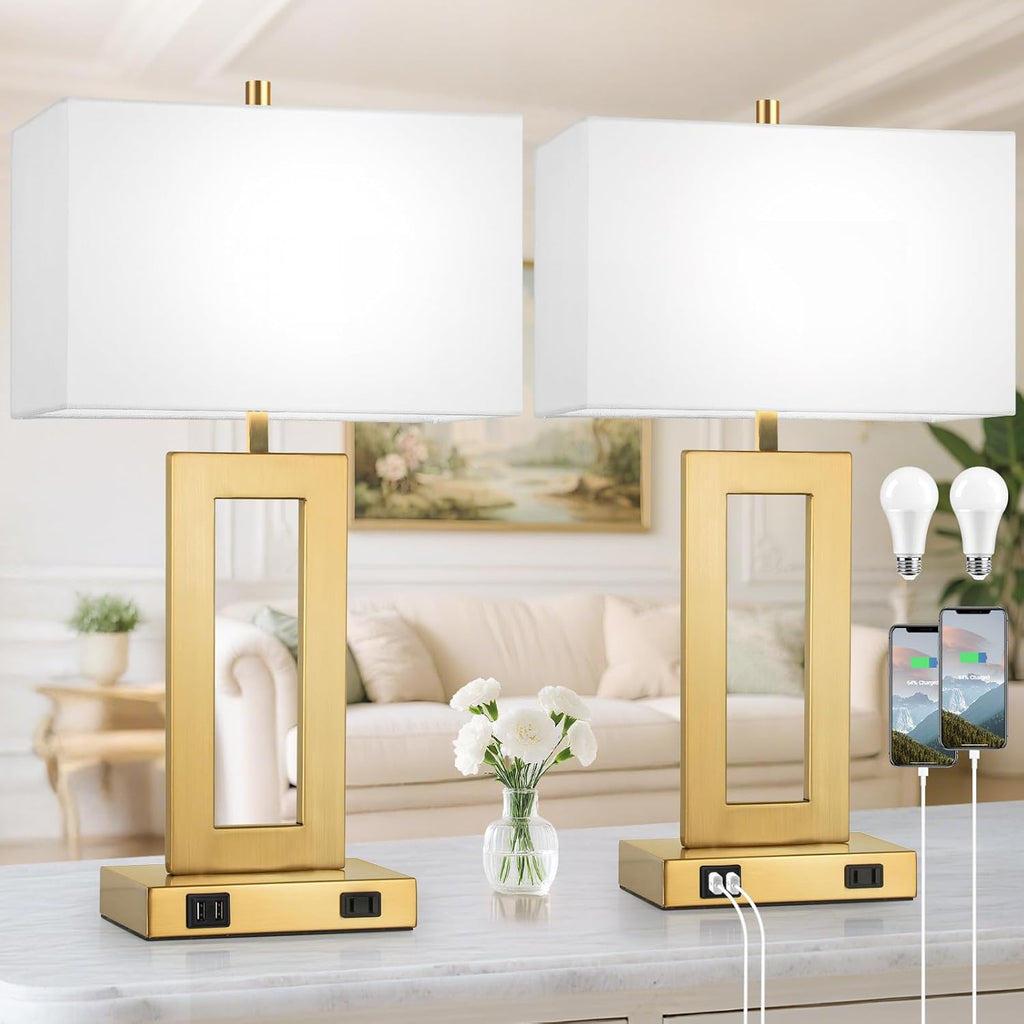 Modern Vintage Gold Table Lamp Set of 2, 28inch Tall Lamps for Living Room Bedroom with 2 USB Ports&AC Outlet, 3 Way Dimmable Touch Control Desk Lamps For Reading Home Office, E26 Socket, with Bulb