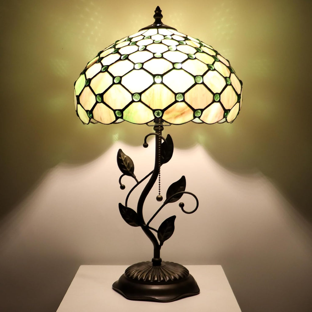 Tiffany Lamp Amber Green Pearl Style Stained Glass Table Lamp Desk Bedside Reading Light 12X12X19 Inches with Metal Leaf Base