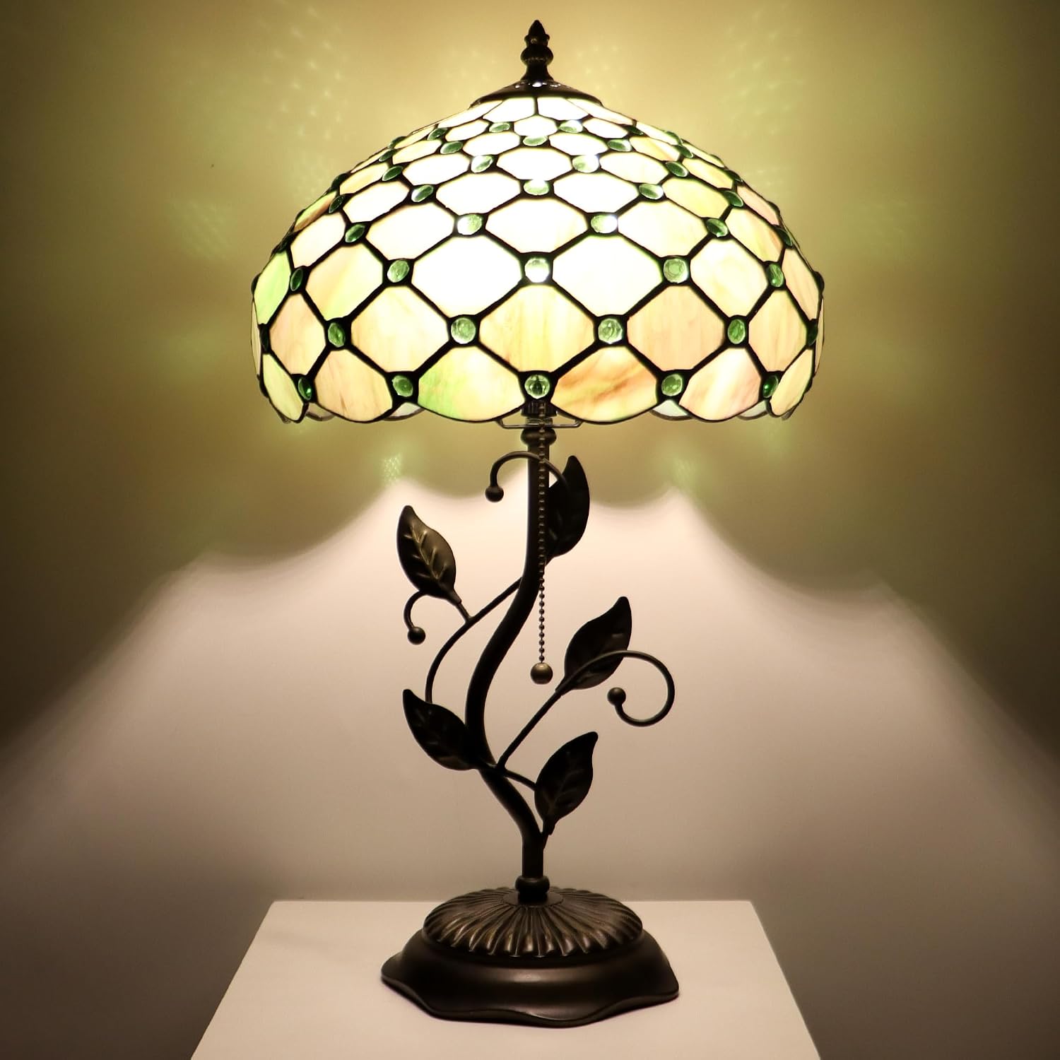 Tiffany Lamp Amber Green Pearl Style Stained Glass Table Lamp Desk Bedside Reading Light 12X12X19 Inches with Metal Leaf Base