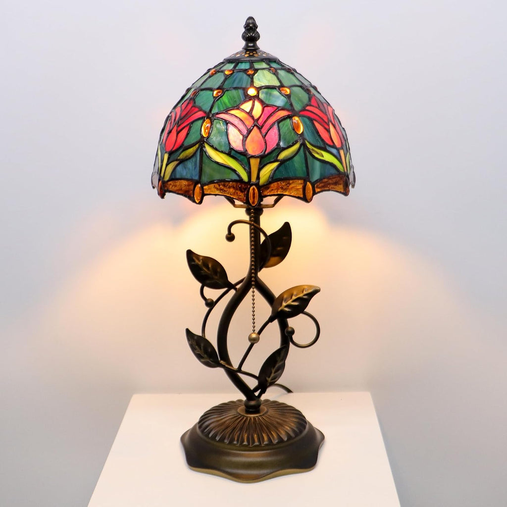 Small Tiffany Lamp Red Blue Tulips Style Stained Glass Table Lamps Desk Bedside Reading Light 8X8X18 Inches with Bronze Metal Leaf Resin Base