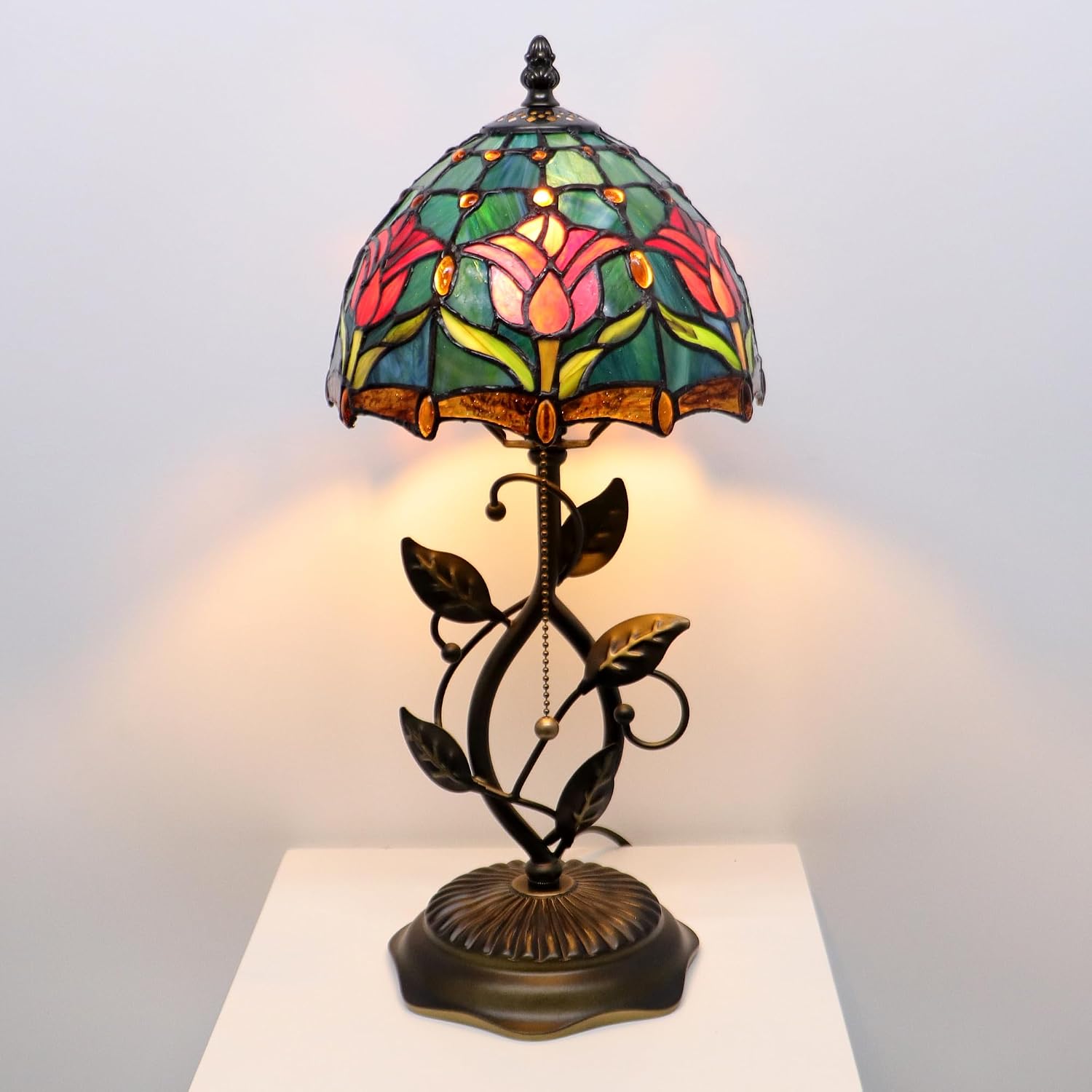Small Tiffany Lamp Red Blue Tulips Style Stained Glass Table Lamps Desk Bedside Reading Light 8X8X18 Inches with Bronze Metal Leaf Resin Base
