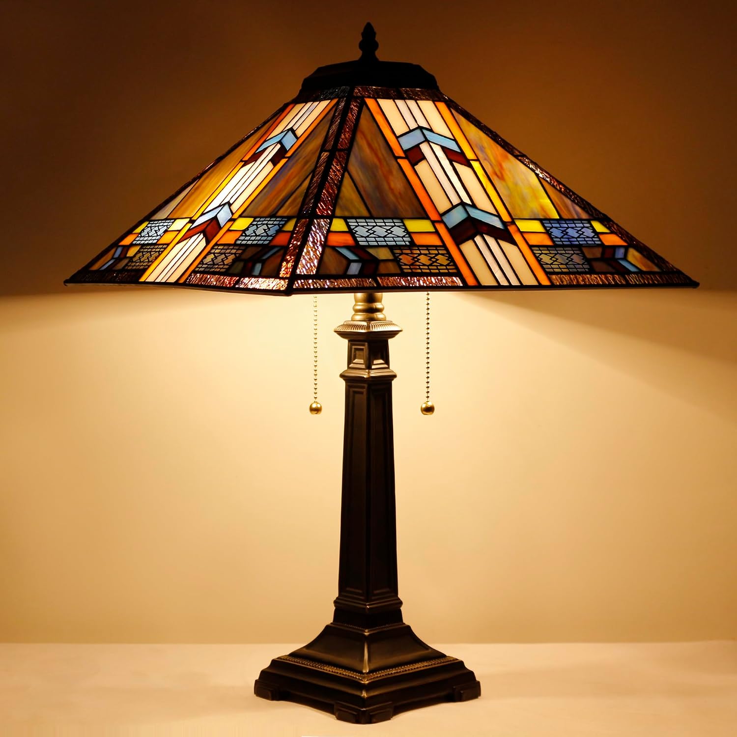 Tiffany Table Lamp Blue Cloudy Mission Style Stained Glass 16X16X23 Inches Desk Reading Light for Bedrooms Living Room Study Home Office