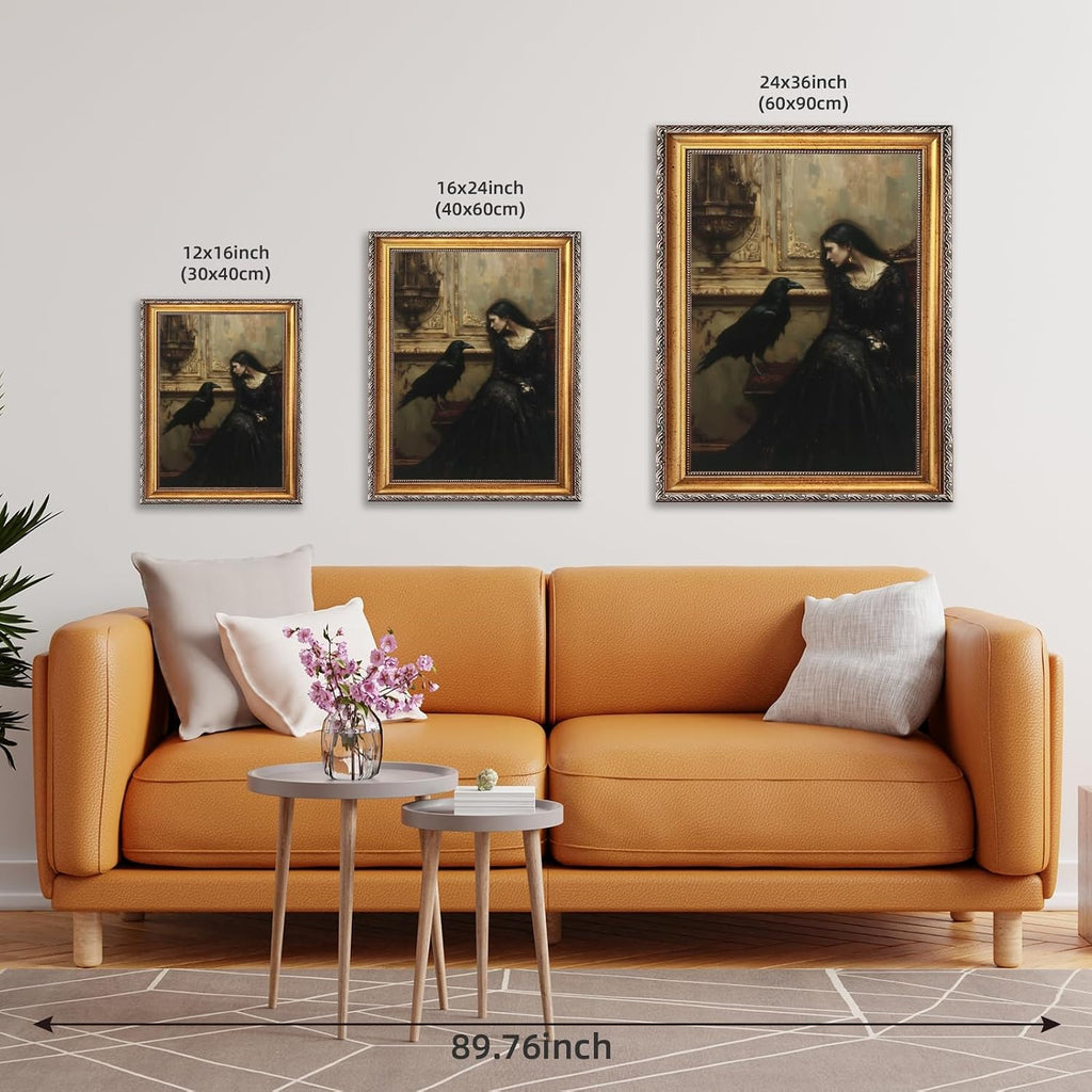 Licpach Retro Gold Frame Wall Art Vintage Gothic Woman Raven Dark Academia Decor Canvas Print Moody Victorian Portrait Painting Horror Aesthetic Artwork Witchy Poster for Bedroom Bathroom 24x36inch