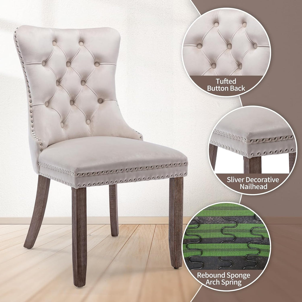 Beige Velvet Dining Chairs Set of 6, Modern Dining Room Chairs with Tufted Back and Solid Wood Legs, Upholstered Dining Chairs for Dining Room/Kitchen, Beige