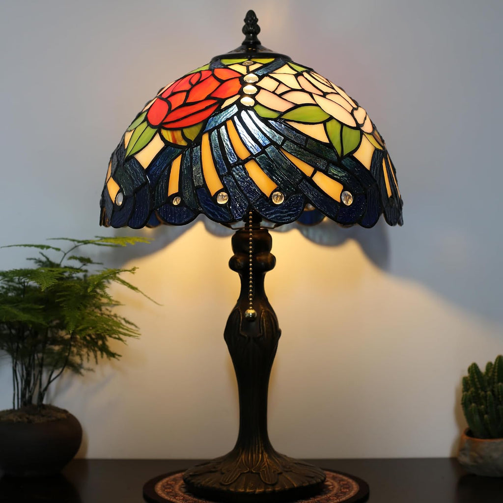 Tiffany Lamp Stained Glass Table Lamp 12' x 19' Pink Red Rose Style Decorative Lamp Bedside Reading Lamp for Desk Living Room Bedroom Office Study Light Home Decor Gift