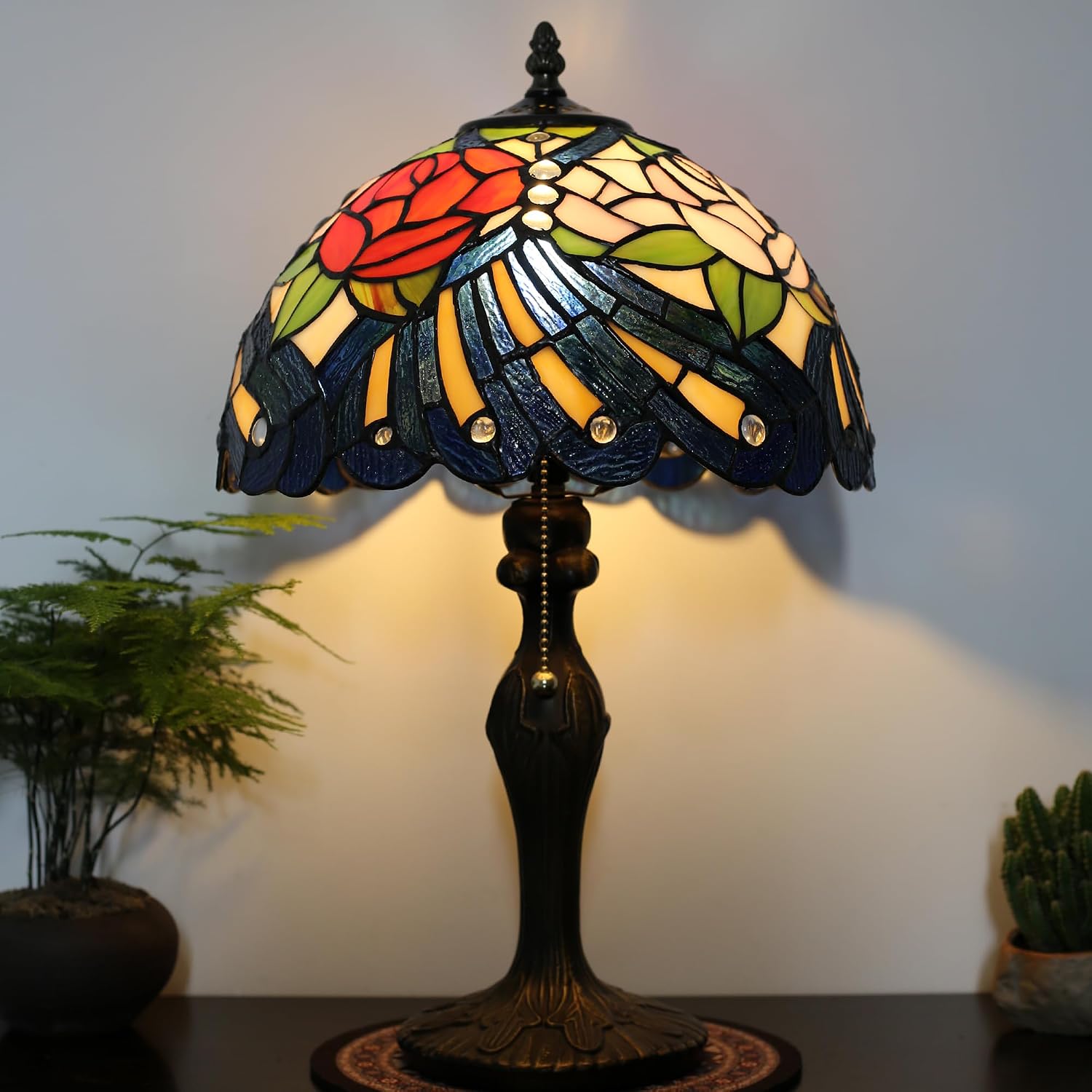 Tiffany Lamp Stained Glass Table Lamp 12' x 19' Pink Red Rose Style Decorative Lamp Bedside Reading Lamp for Desk Living Room Bedroom Office Study Light Home Decor Gift