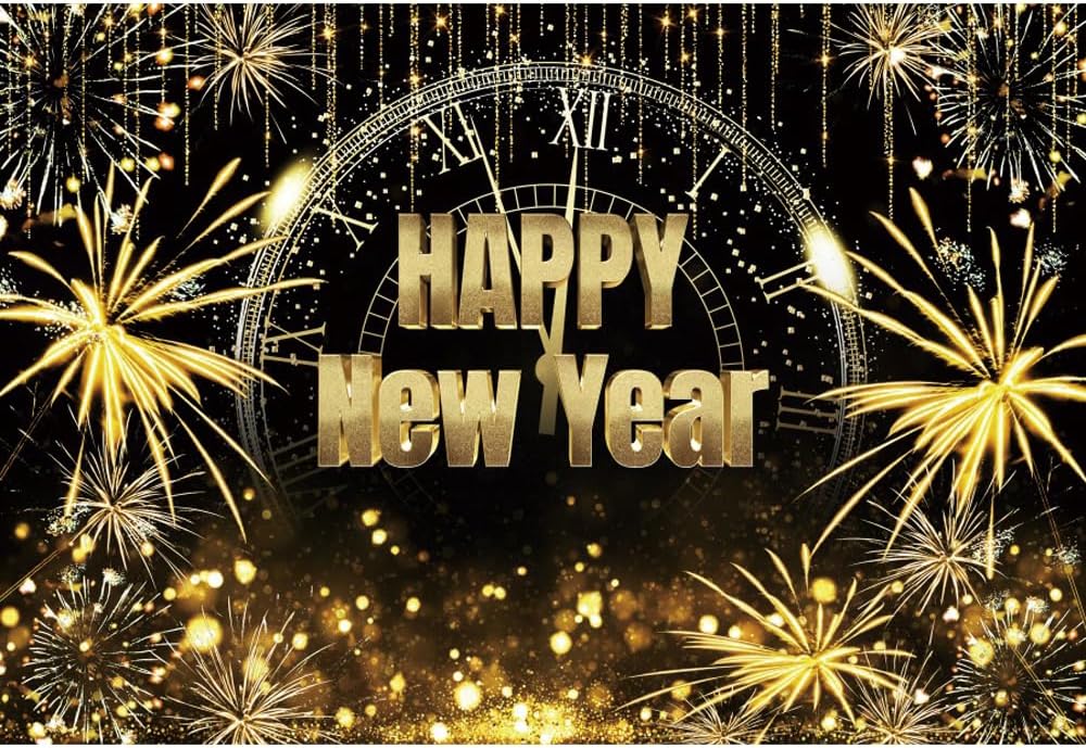 Glitter Happy New Year 2025 Photo Backdrop 20x10ft Black Gold Banner Clock Countdown to New Year Background Gold Fireworks Light Spots Streamer Winter Family Party Portrait Supplies Props