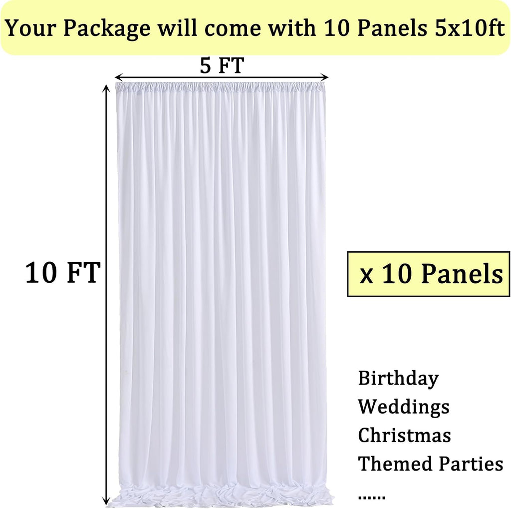 50ft×10ft Wrinkle Free White Backdrop Curtain for Parties, 10 Panels 5×10ft Polyester Photo Backdrop Drapes Wedding Back Drop Cloth for Birthday Baby Shower Photography Background Curtains