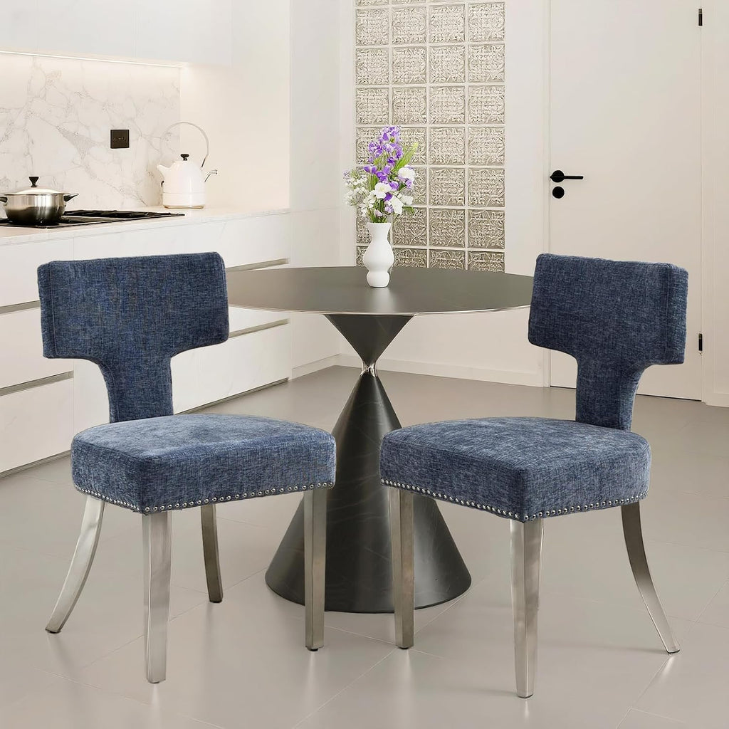 Dining Chair Set of 2 Linen Fabric Curved Backrest Farmhouse Mid Century Accent Upholstered Kitchen Chairs with Silver Legs and Foot Pad for Dining Room/Living Room/Restaurant,Blue