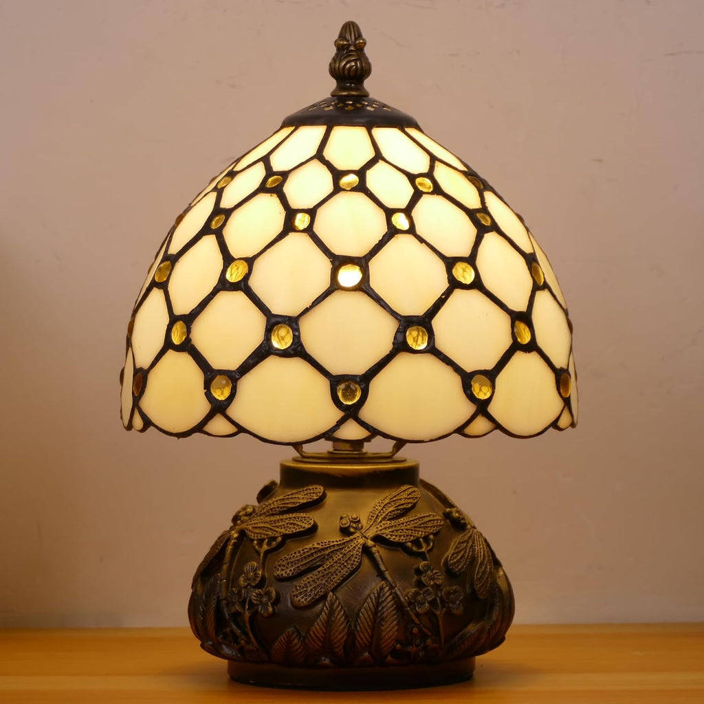 Small Tiffany Lamp Mini Stained Glass Table Lamp Cream Amber Pearl Style Mushroom Memory Sympathy Lamp 8X11 Inch