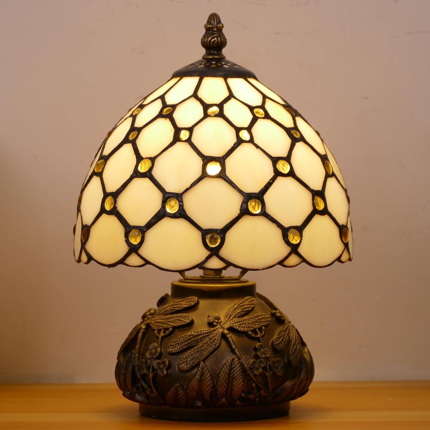 Small Tiffany Lamp Mini Stained Glass Table Lamp Cream Amber Pearl Style Mushroom Memory Sympathy Lamp 8X11 Inch
