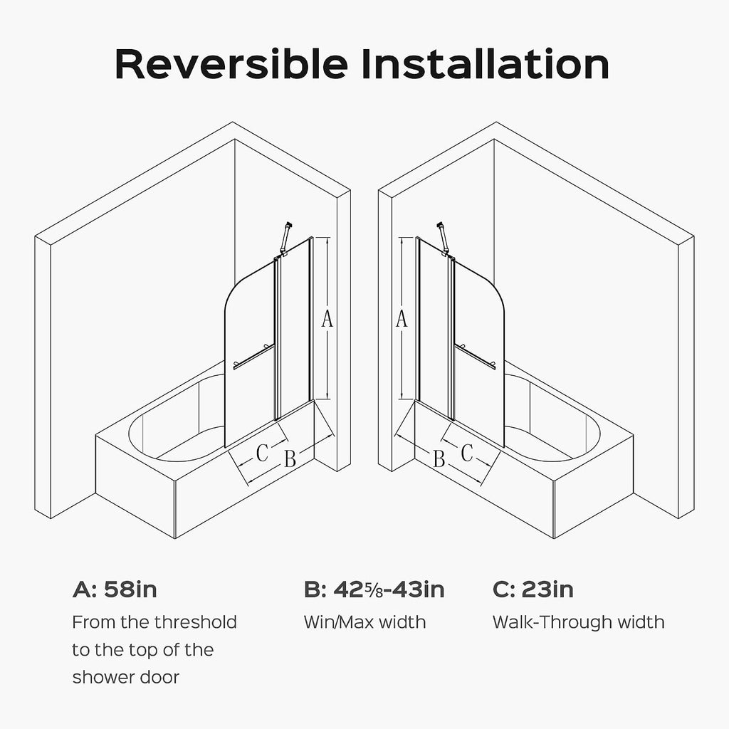 43 × 58 Inch Frameless Shower Door for Bathtub，180 Degree Hinged Pivot, Chrome Finish Bathroom Door，with 1/4' (6mm) SGCC Tempered Glass, Handle and Seal Strip for Waterproof (Gold, 43 × 58 Inch)