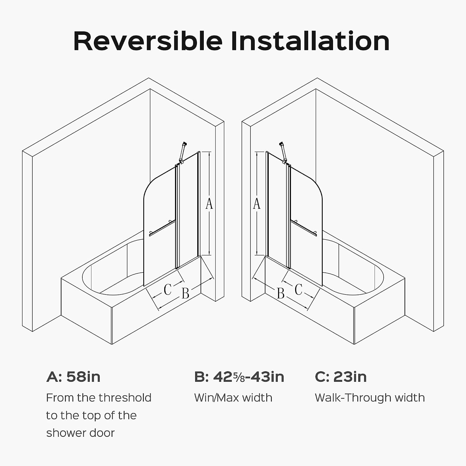 43 × 58 Inch Frameless Shower Door for Bathtub，180 Degree Hinged Pivot, Chrome Finish Bathroom Door，with 1/4' (6mm) SGCC Tempered Glass, Handle and Seal Strip for Waterproof (Gold, 43 × 58 Inch)
