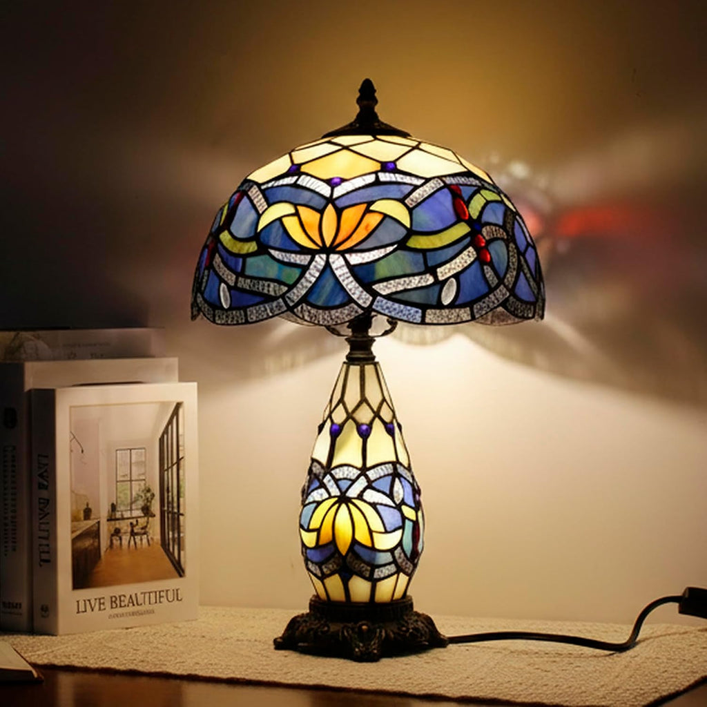 Tiffany Lamp Stained Glass Table Lamp 12X19 Inches Mother Daughter Vase Desk Accent Night Light for Bedroom Bedside Reading Home Antique Style (Blue Lotus)