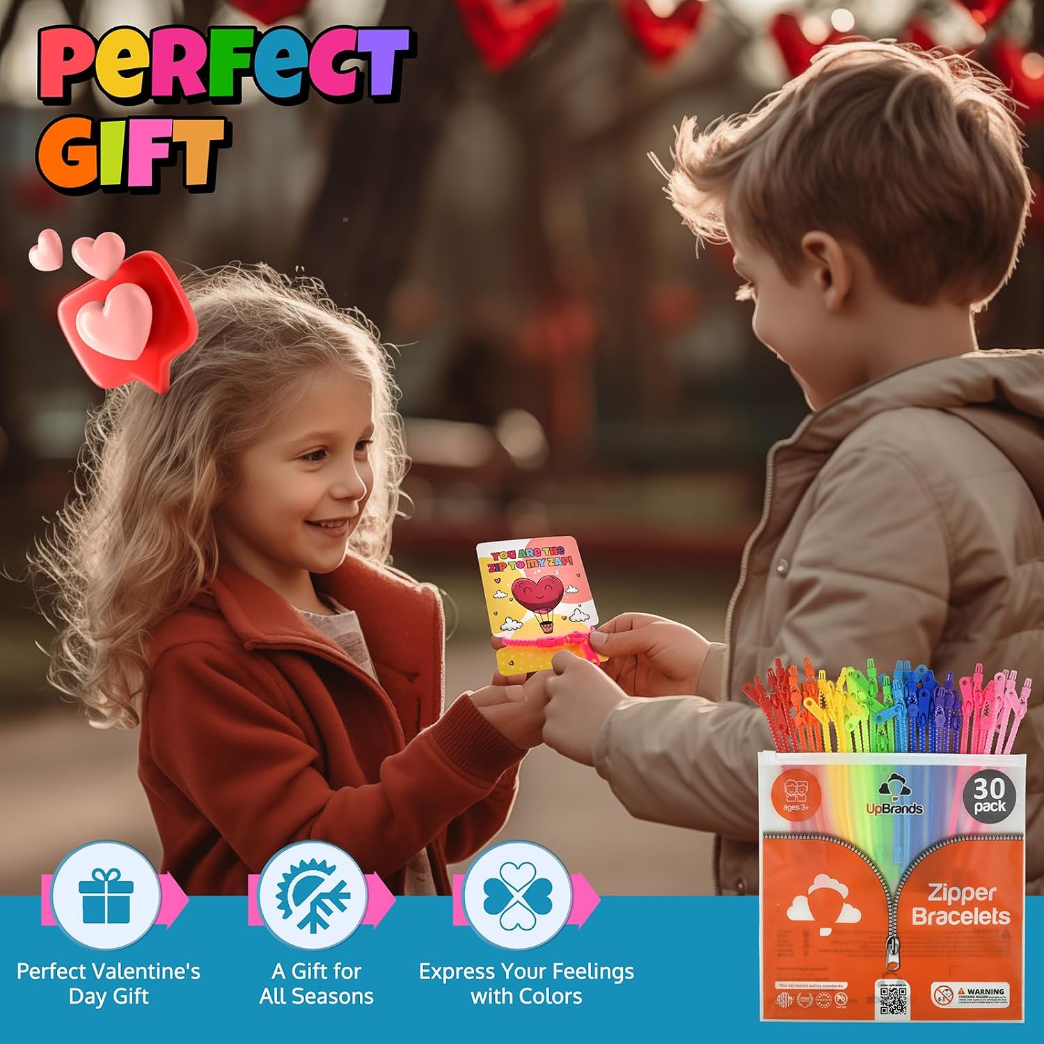 UpBrands Case Pack of 1800 Valentine's Day Cards with Unicolor Fidget Zipper Bracelets Per Box – Bulk Gifts for Schools, Charities, and Businesses